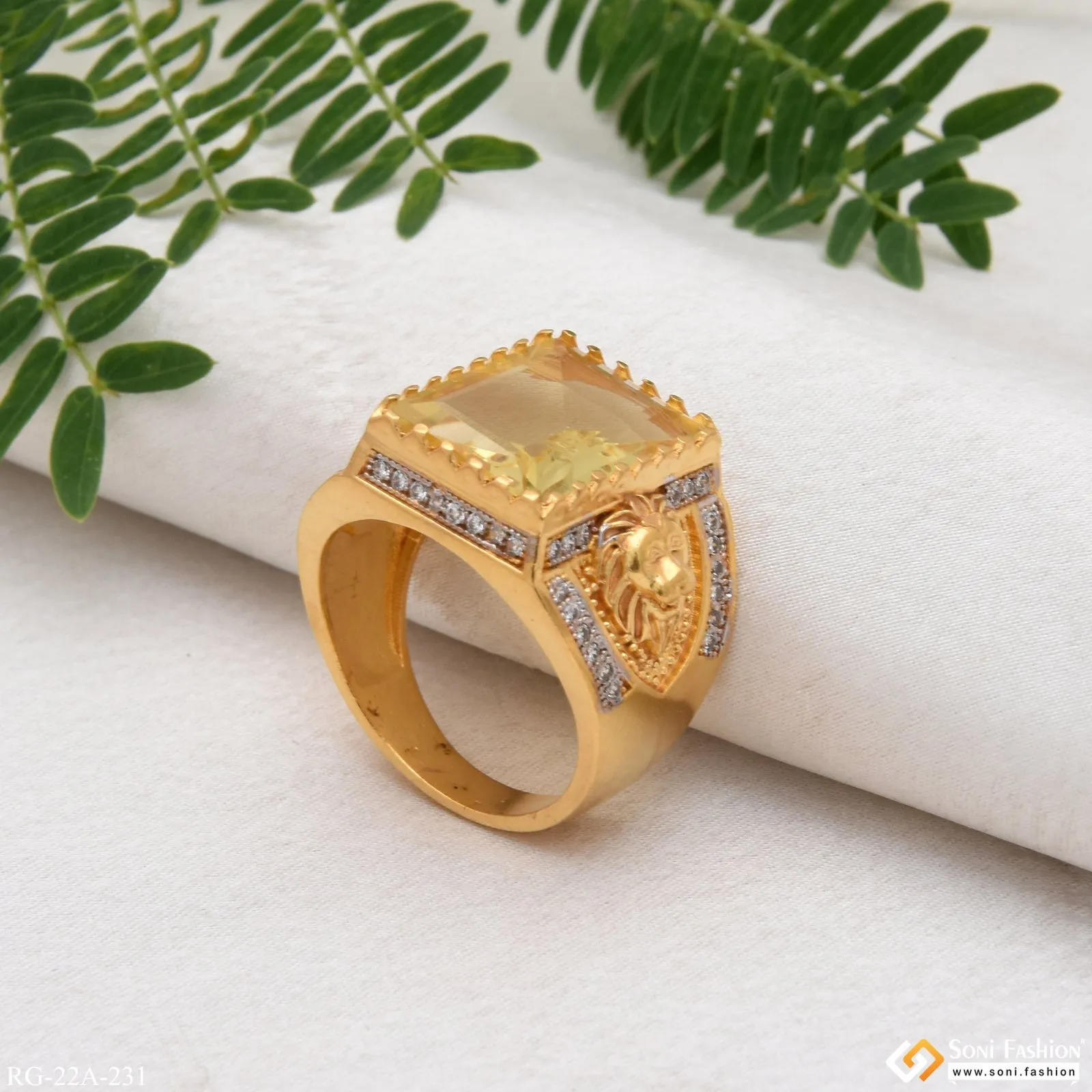 1 Gram Gold Forming Yellow Stone with Diamond Best Quality Ring - Style A231