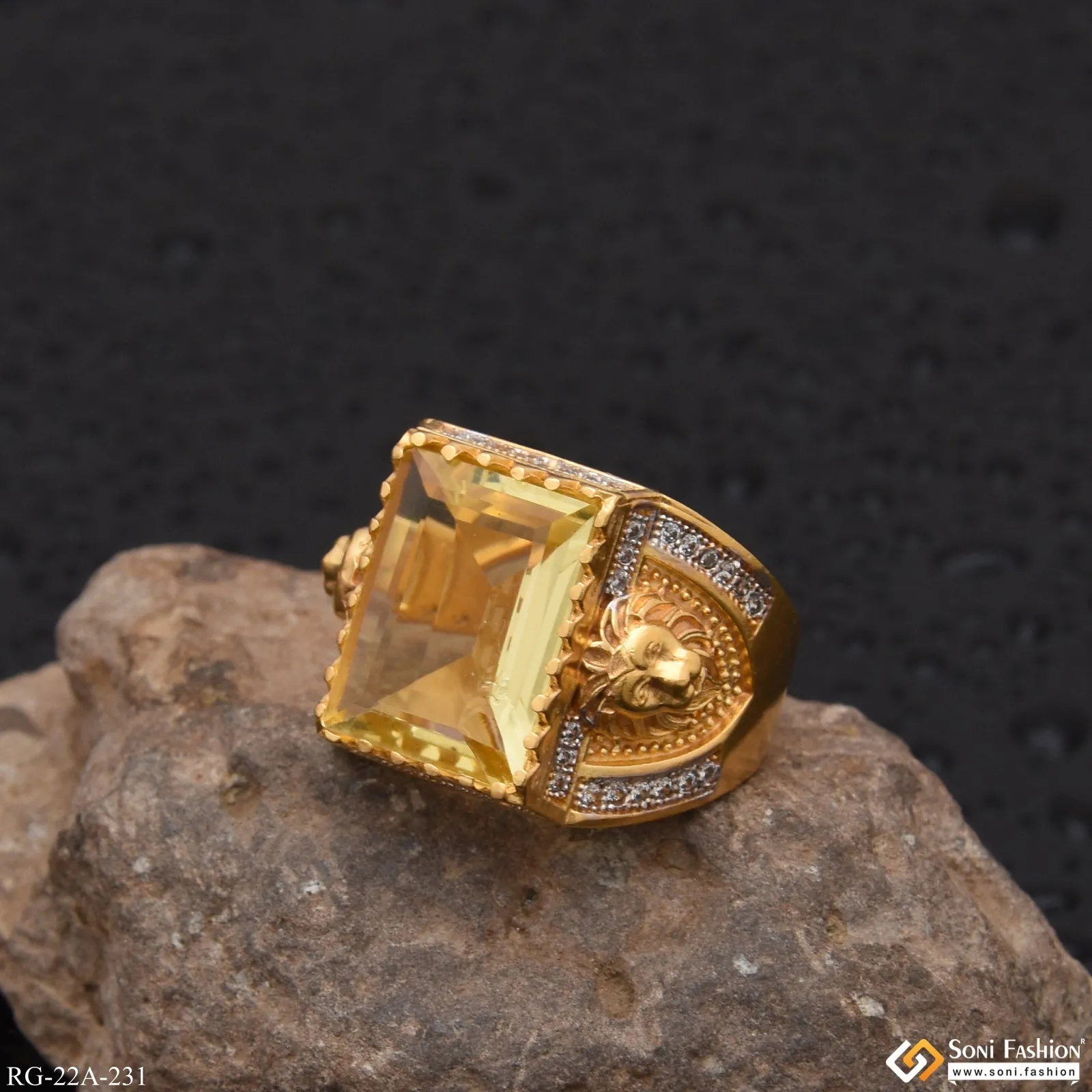 1 Gram Gold Forming Yellow Stone with Diamond Best Quality Ring - Style A231