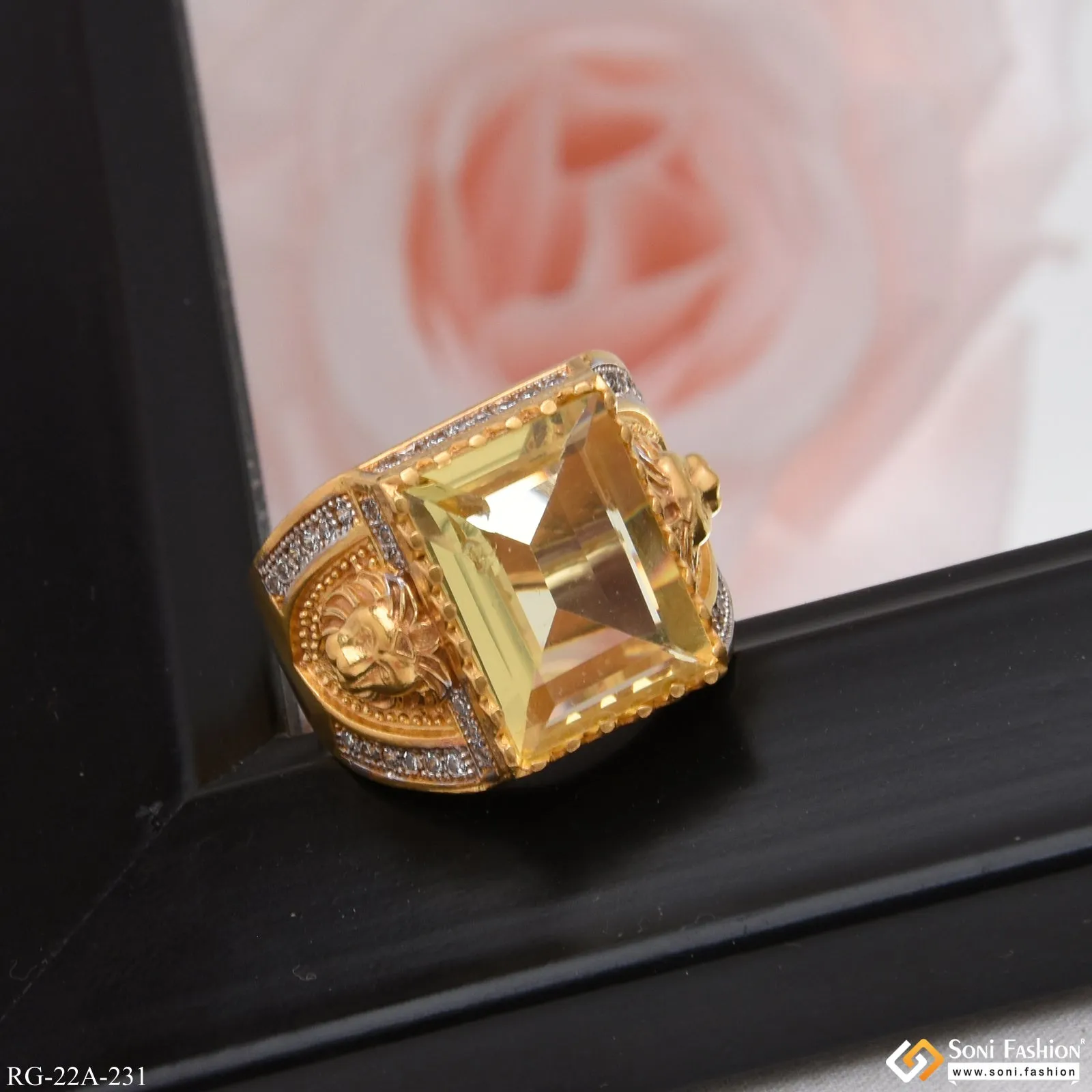 1 Gram Gold Forming Yellow Stone with Diamond Best Quality Ring - Style A231