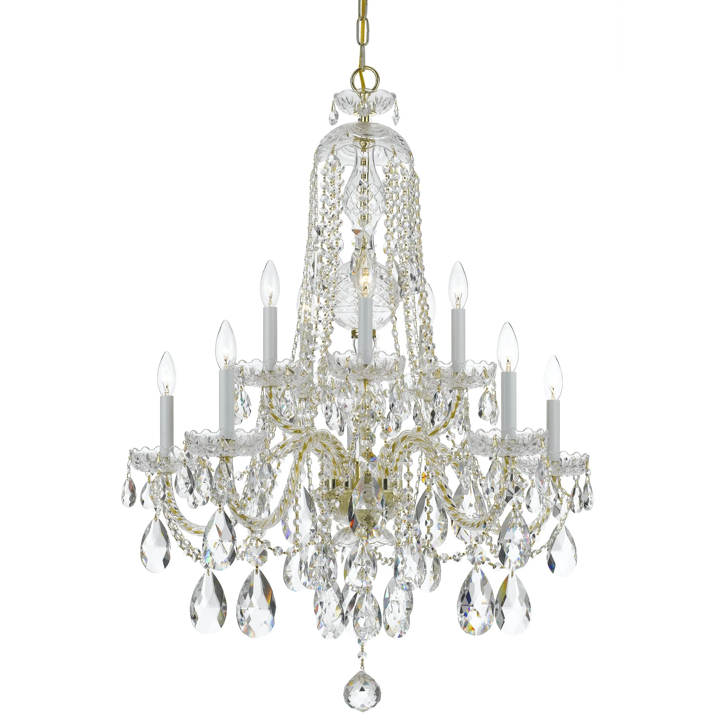 10 Light Polished Brass Crystal Chandelier Draped In Clear Swarovski Strass Crystal - C193-1110-PB-CL-S