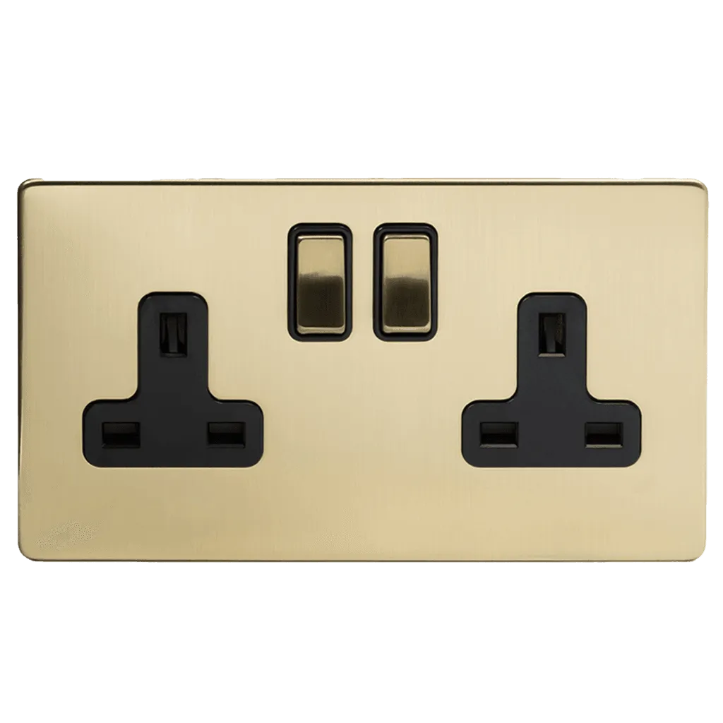 13A 2 Gang Double Pole Plug Socket Brushed Brass