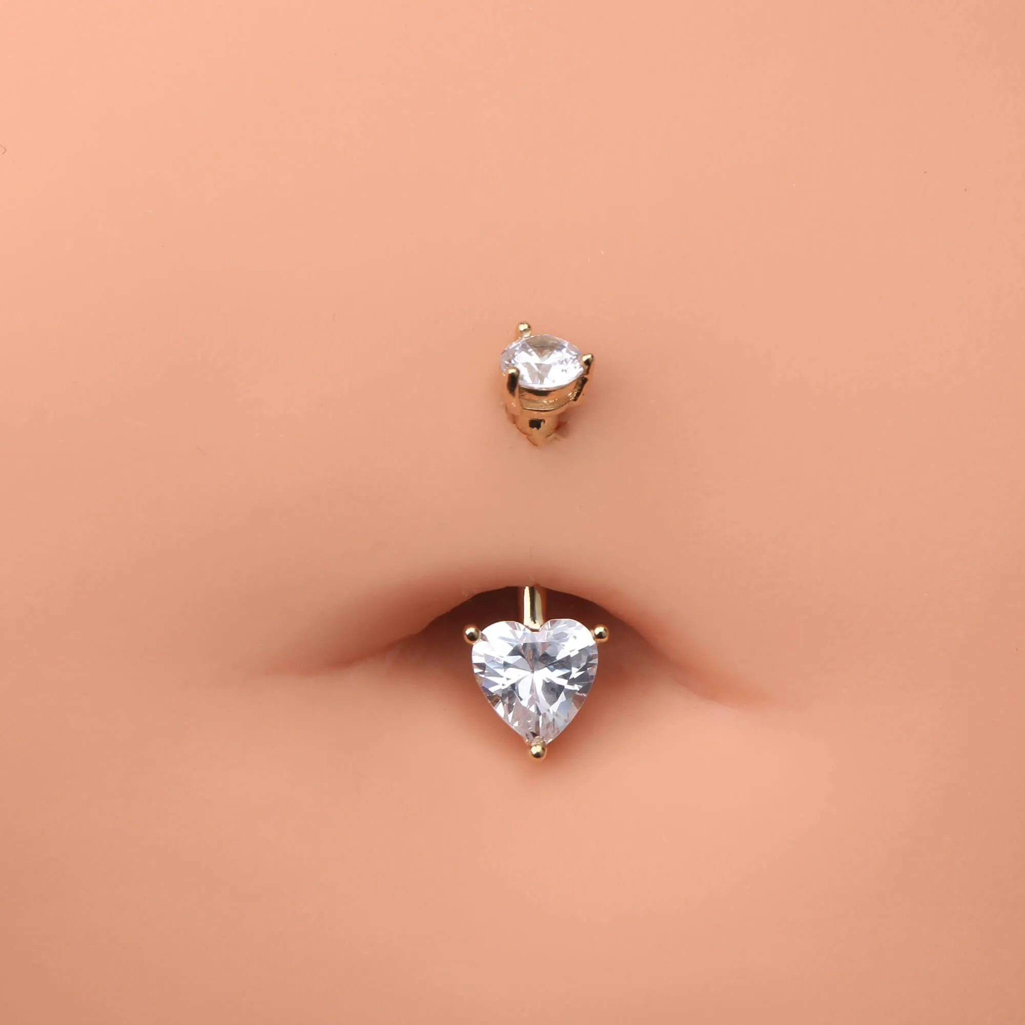 14K Gold Belly Ring Clear CZ Heart Belly Button Ring