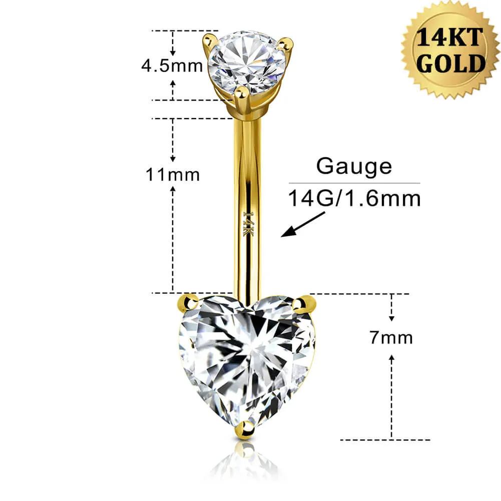 14K Gold Belly Ring Clear CZ Heart Belly Button Ring