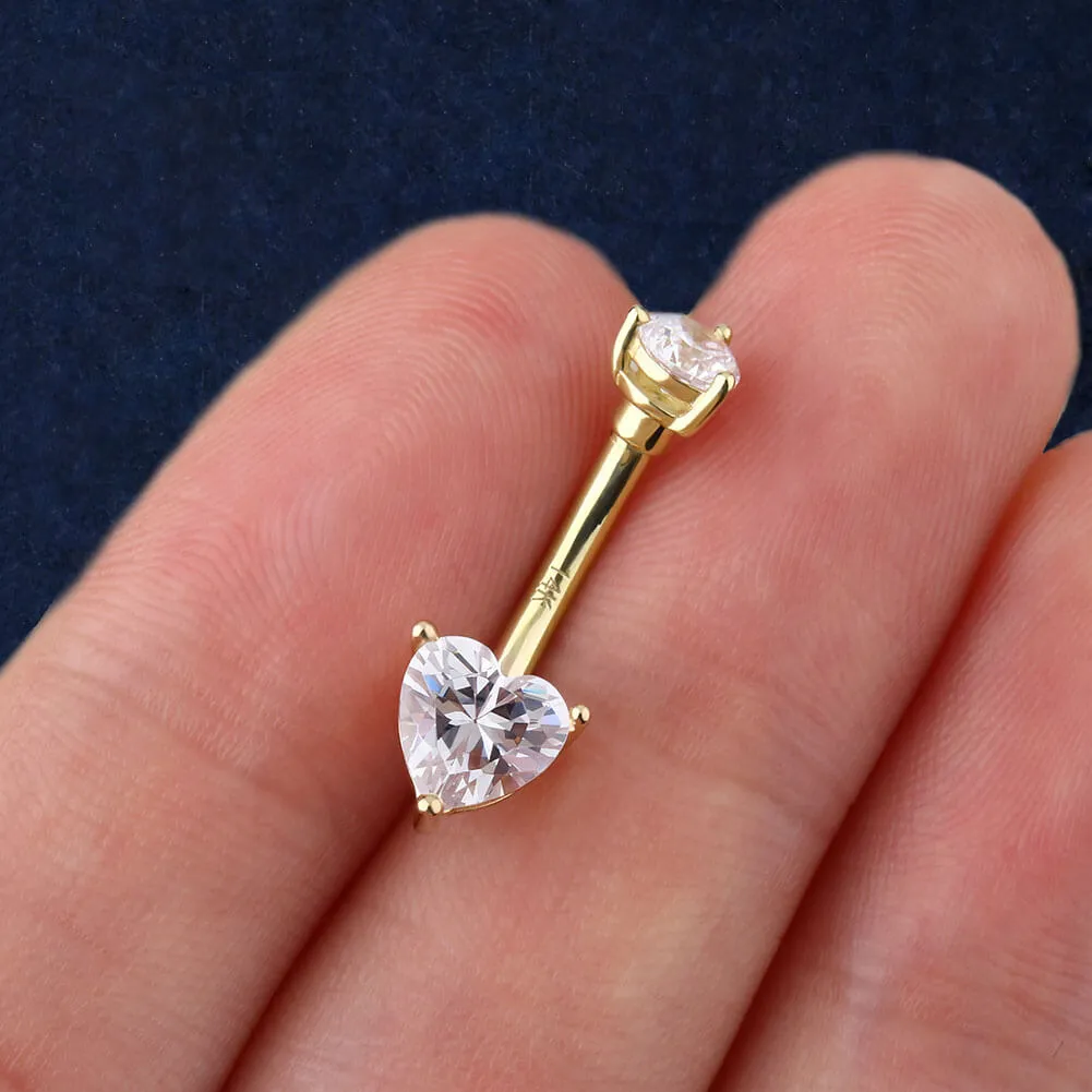 14K Gold Belly Ring Clear CZ Heart Belly Button Ring