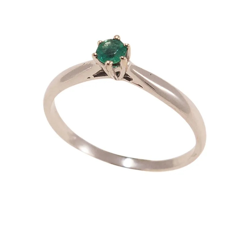 14K White Gold Round Green Emerald 3mm Ring