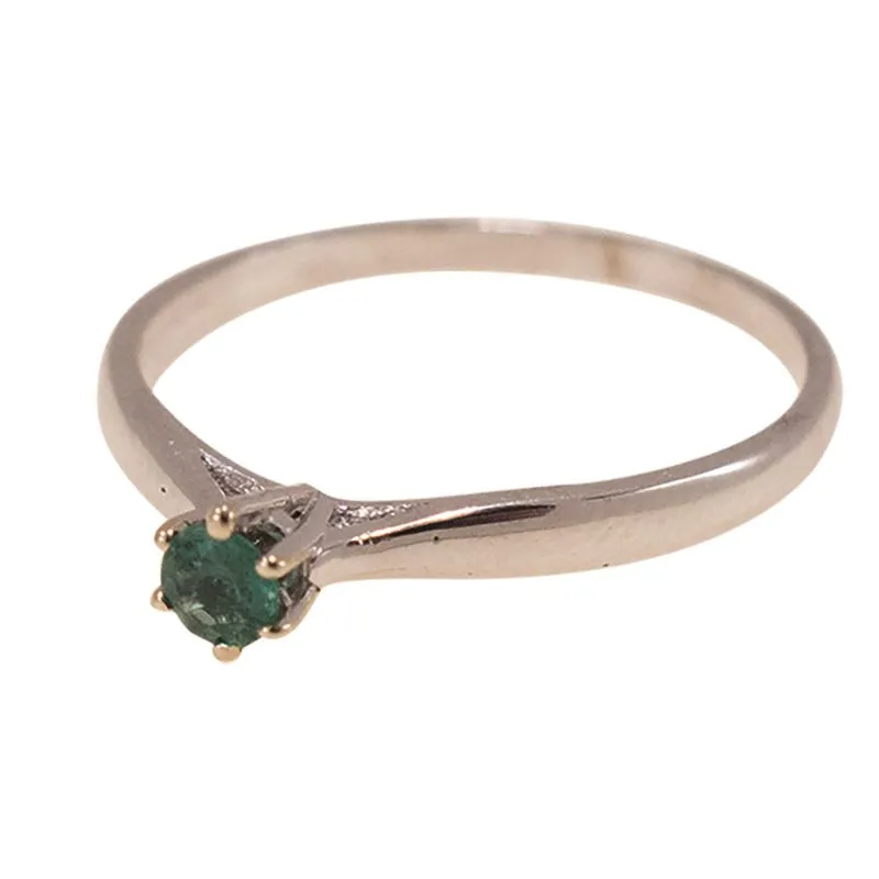 14K White Gold Round Green Emerald 3mm Ring