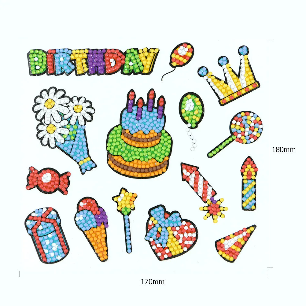 14pcs Kids Toy Stickers DIY Round Drill Diamond Painting Birthday Cake Set