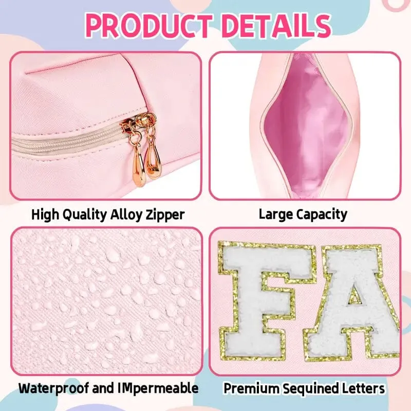 3-Pieces: PU Leather Waterproof Chenille Preppy Makeup Bag