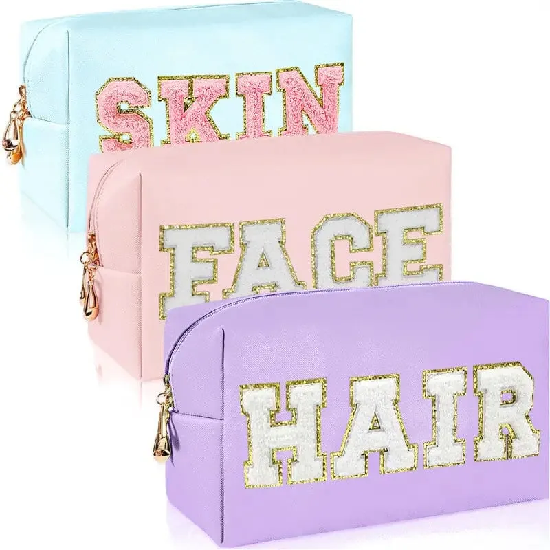 3-Pieces: PU Leather Waterproof Chenille Preppy Makeup Bag