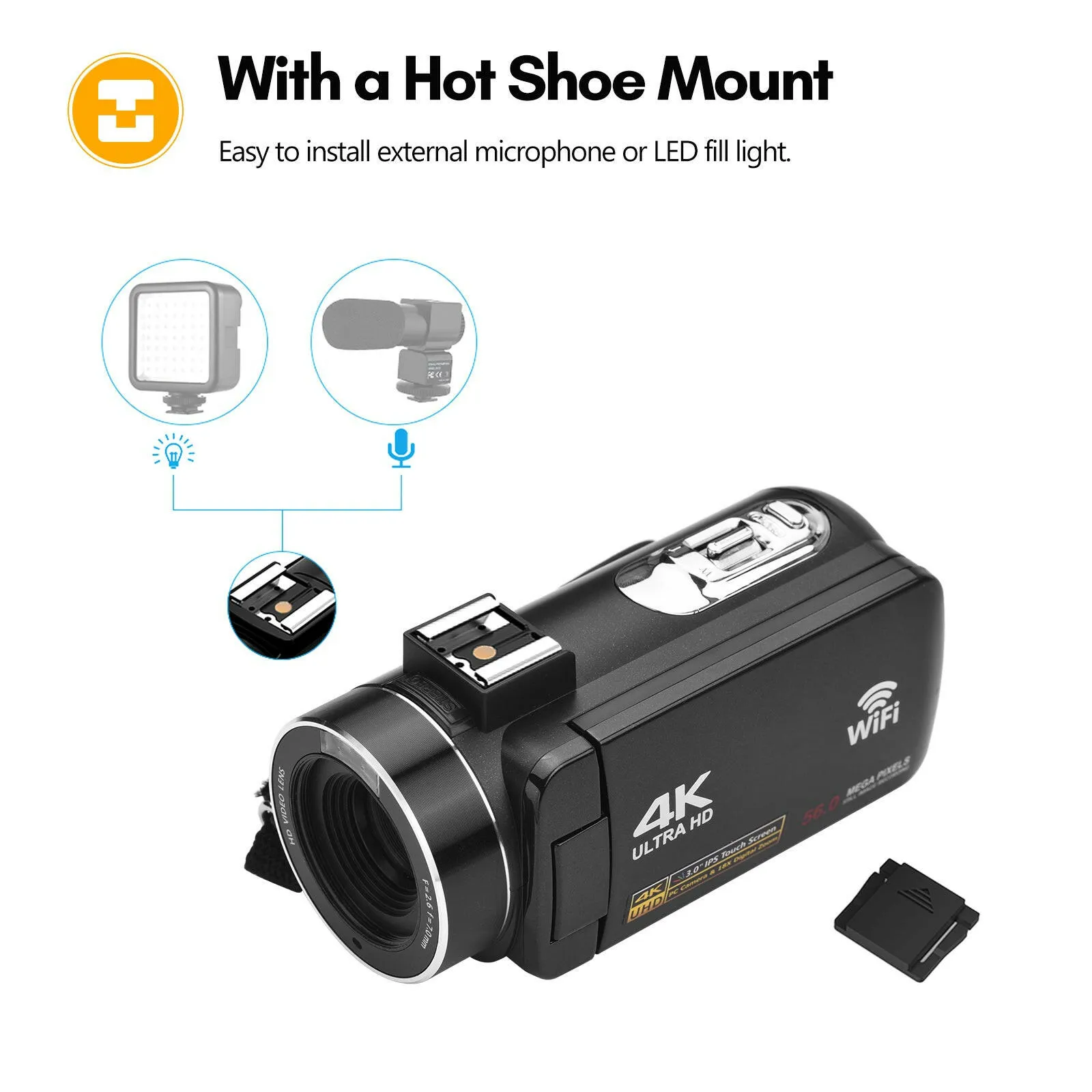 4K Digital Video Camera WiFi Camcorder DV Recorder 56MP 18X Digital Zoom 3.0 Inch IPS Touchscreen Supports Face Detection IR Night Vision Anti-shake with 2pcs Batteries   Remote Control   Carry Bag