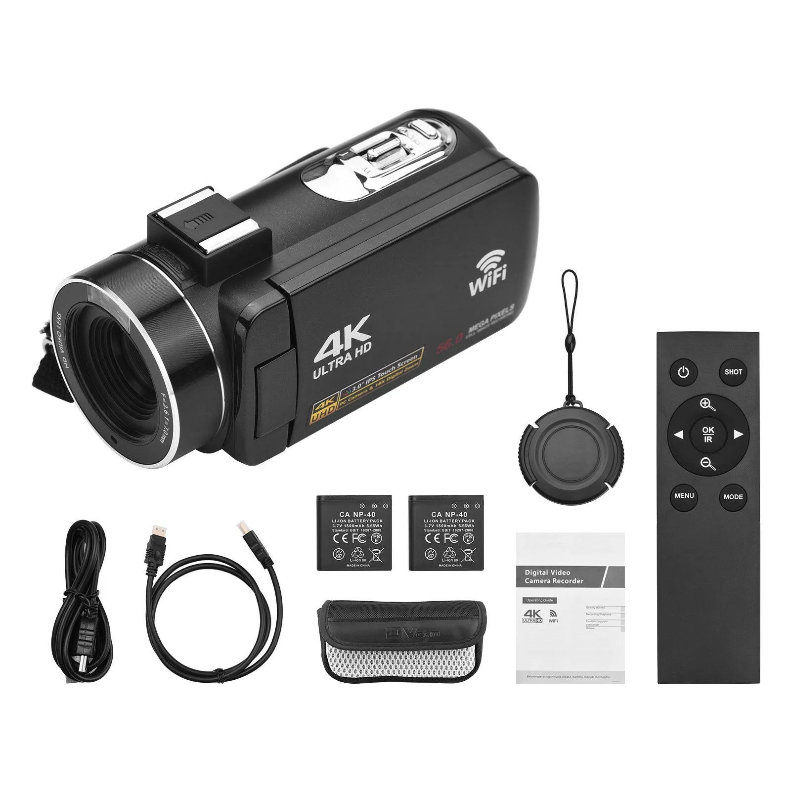 4K Digital Video Camera WiFi Camcorder DV Recorder 56MP 18X Digital Zoom 3.0 Inch IPS Touchscreen Supports Face Detection IR Night Vision Anti-shake with 2pcs Batteries   Remote Control   Carry Bag