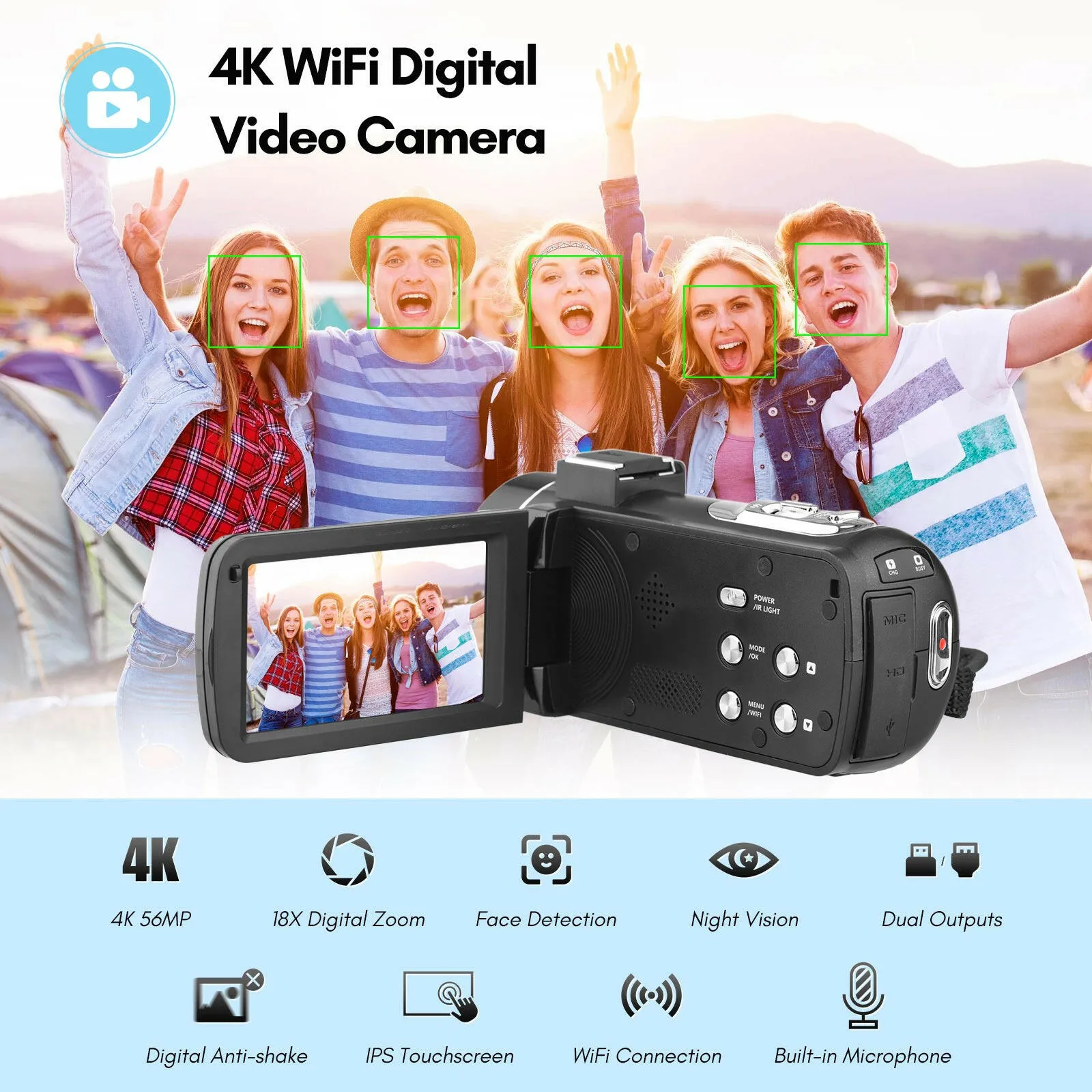 4K Digital Video Camera WiFi Camcorder DV Recorder 56MP 18X Digital Zoom 3.0 Inch IPS Touchscreen Supports Face Detection IR Night Vision Anti-shake with 2pcs Batteries   Remote Control   Carry Bag