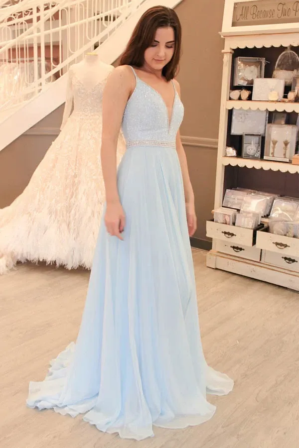 Anneprom Gorgeous Straps V Neck Light Sky Blue Long Prom Dress APP0312