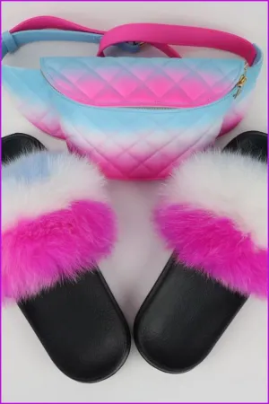 Blue White Pink Fur Slides & Waist Bag Set #4 F952