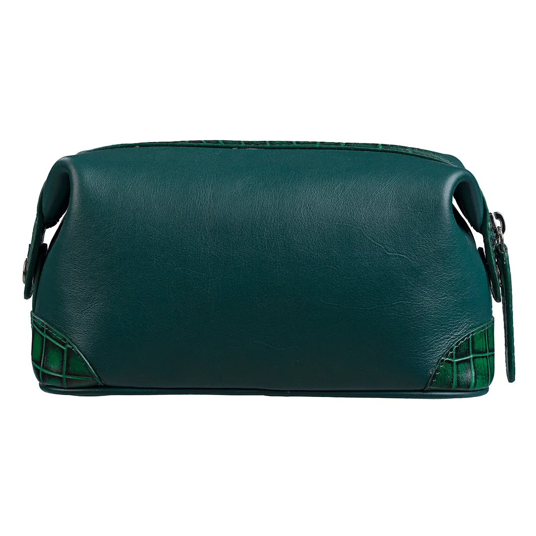 Bom Leather Toiletry / Shaving Kit Bag | For Carrying Grooming Essentials & Travel  | Color: Croco Green