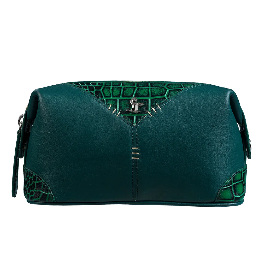 Bom Leather Toiletry / Shaving Kit Bag | For Carrying Grooming Essentials & Travel  | Color: Croco Green