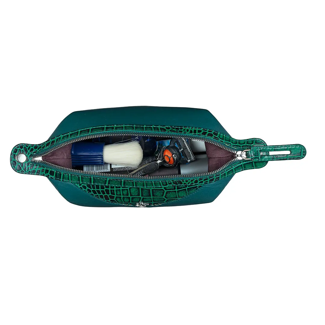 Bom Leather Toiletry / Shaving Kit Bag | For Carrying Grooming Essentials & Travel  | Color: Croco Green