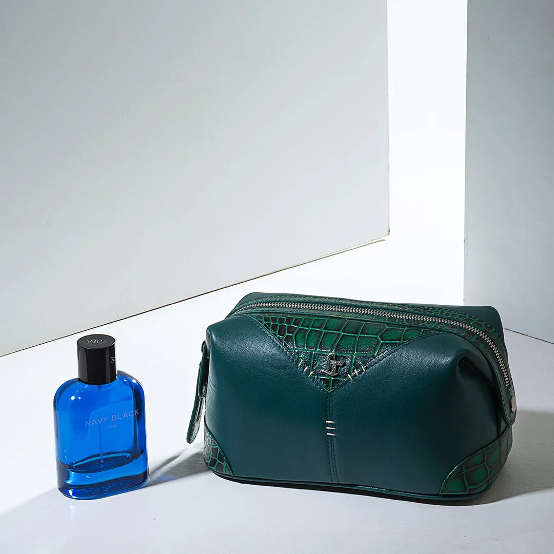 Bom Leather Toiletry / Shaving Kit Bag | For Carrying Grooming Essentials & Travel  | Color: Croco Green