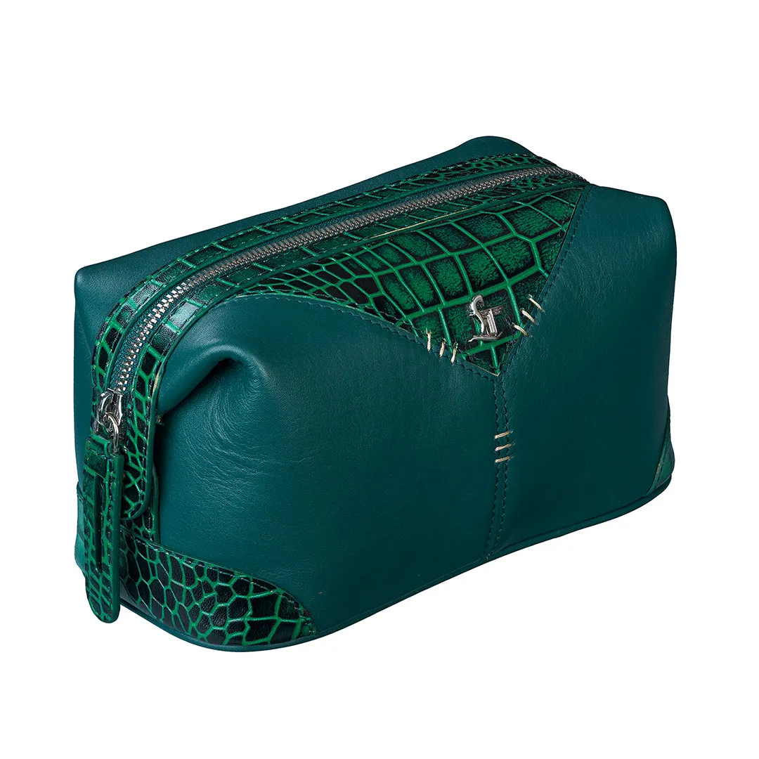 Bom Leather Toiletry / Shaving Kit Bag | For Carrying Grooming Essentials & Travel  | Color: Croco Green