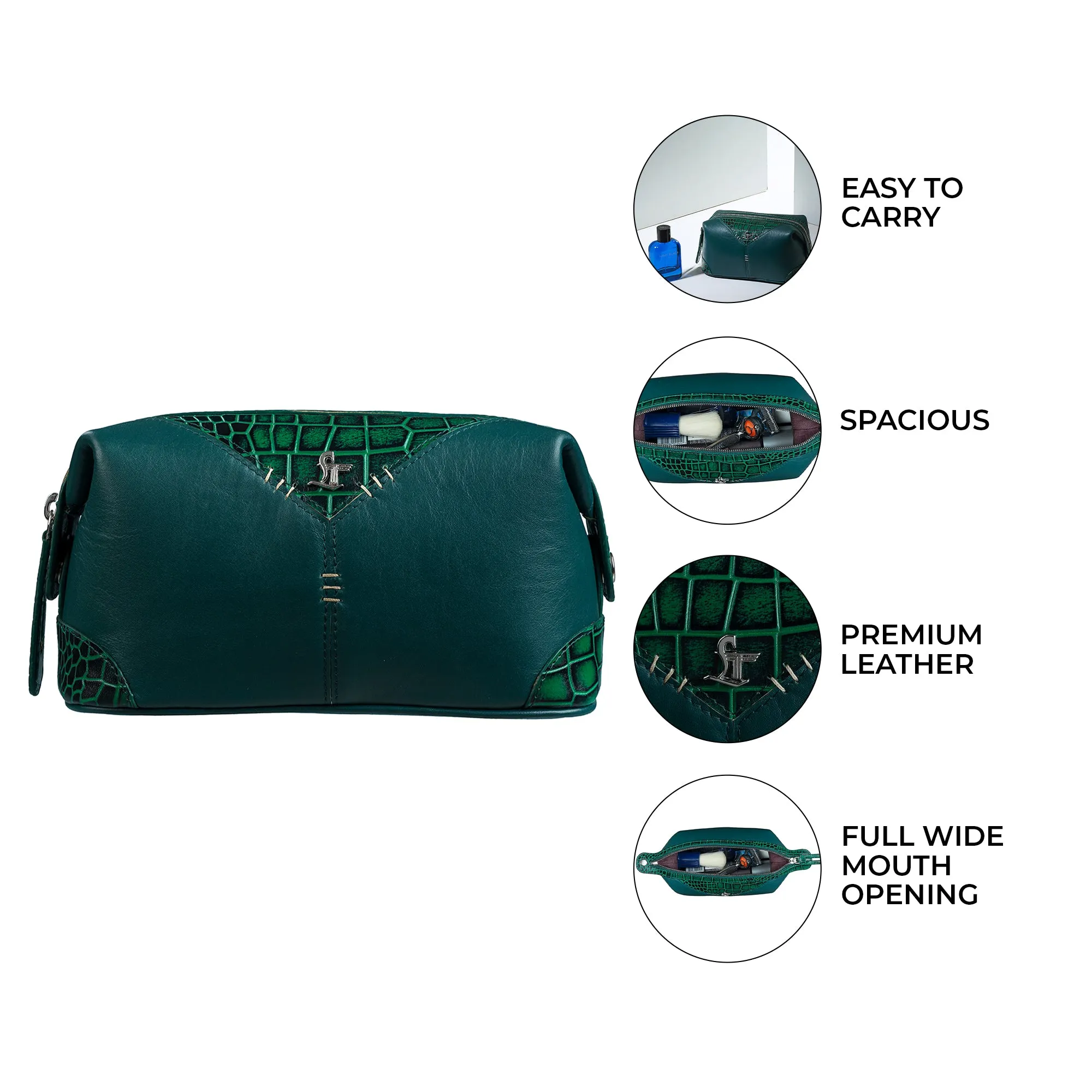 Bom Leather Toiletry / Shaving Kit Bag | For Carrying Grooming Essentials & Travel  | Color: Croco Green