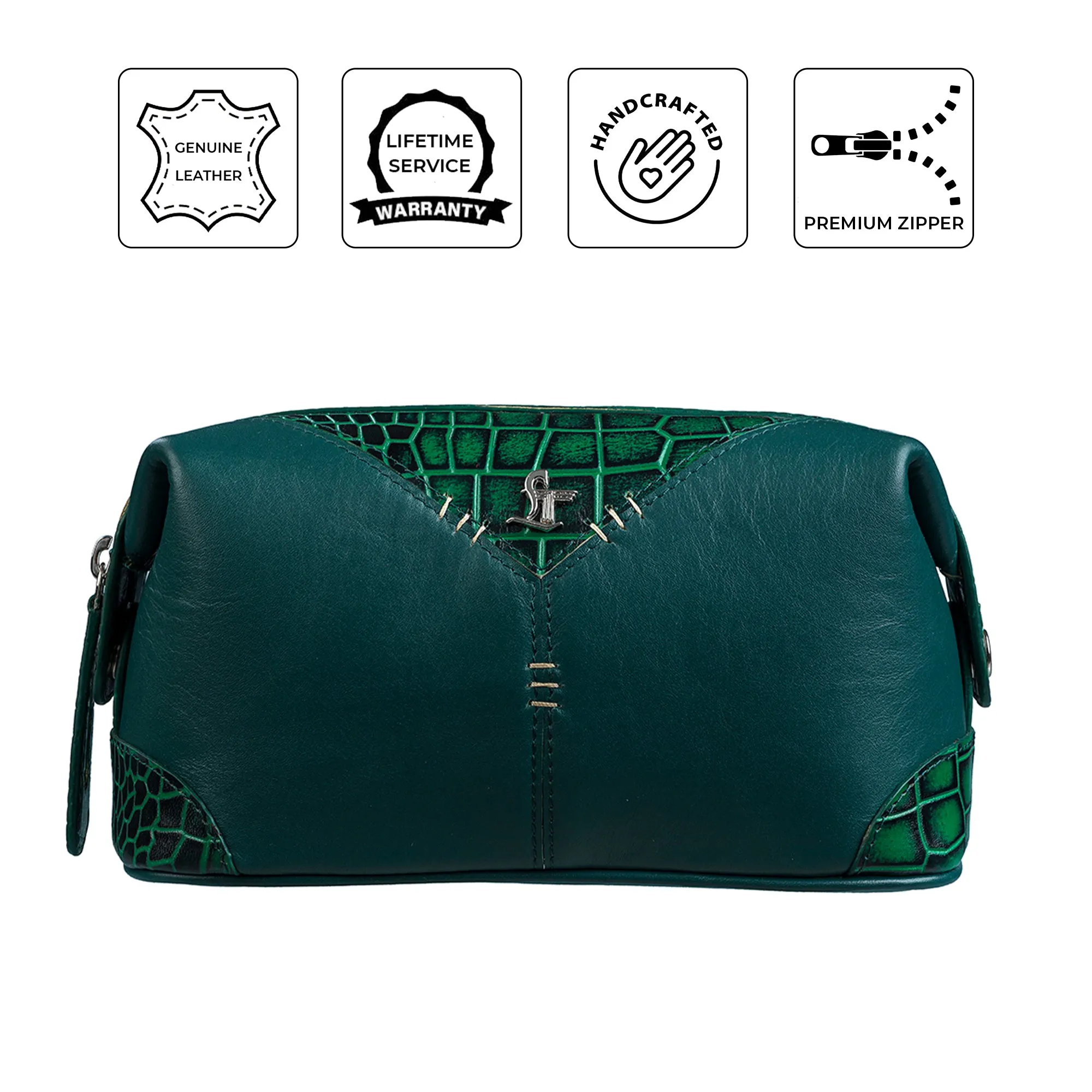 Bom Leather Toiletry / Shaving Kit Bag | For Carrying Grooming Essentials & Travel  | Color: Croco Green