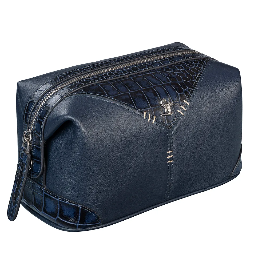 Bom Leather Toiletry / Shaving Kit Bag | For Carrying Grooming Essentials & Travel  | Color: Croco Navy Blue