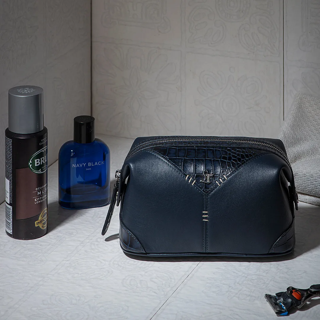 Bom Leather Toiletry / Shaving Kit Bag | For Carrying Grooming Essentials & Travel  | Color: Croco Navy Blue