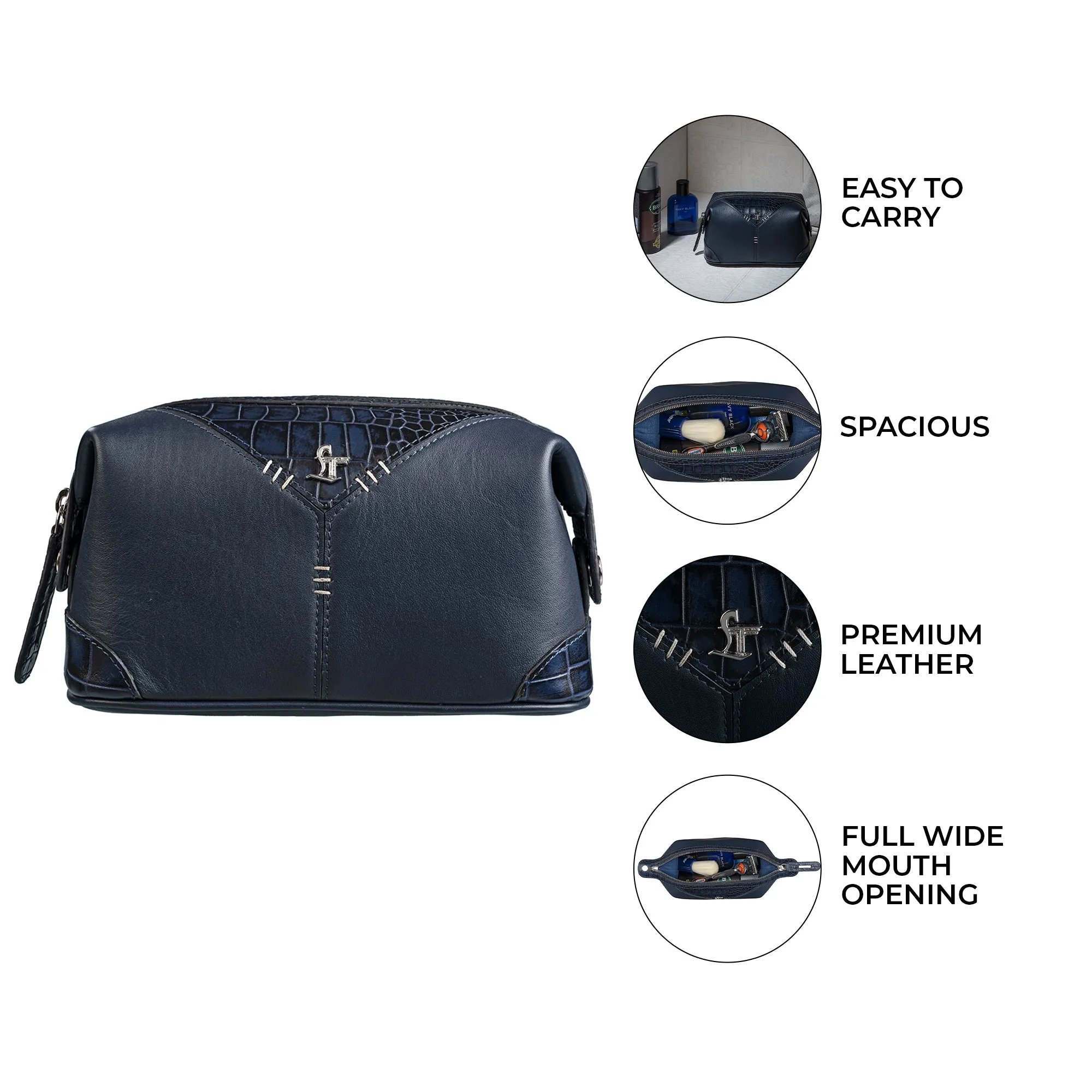 Bom Leather Toiletry / Shaving Kit Bag | For Carrying Grooming Essentials & Travel  | Color: Croco Navy Blue