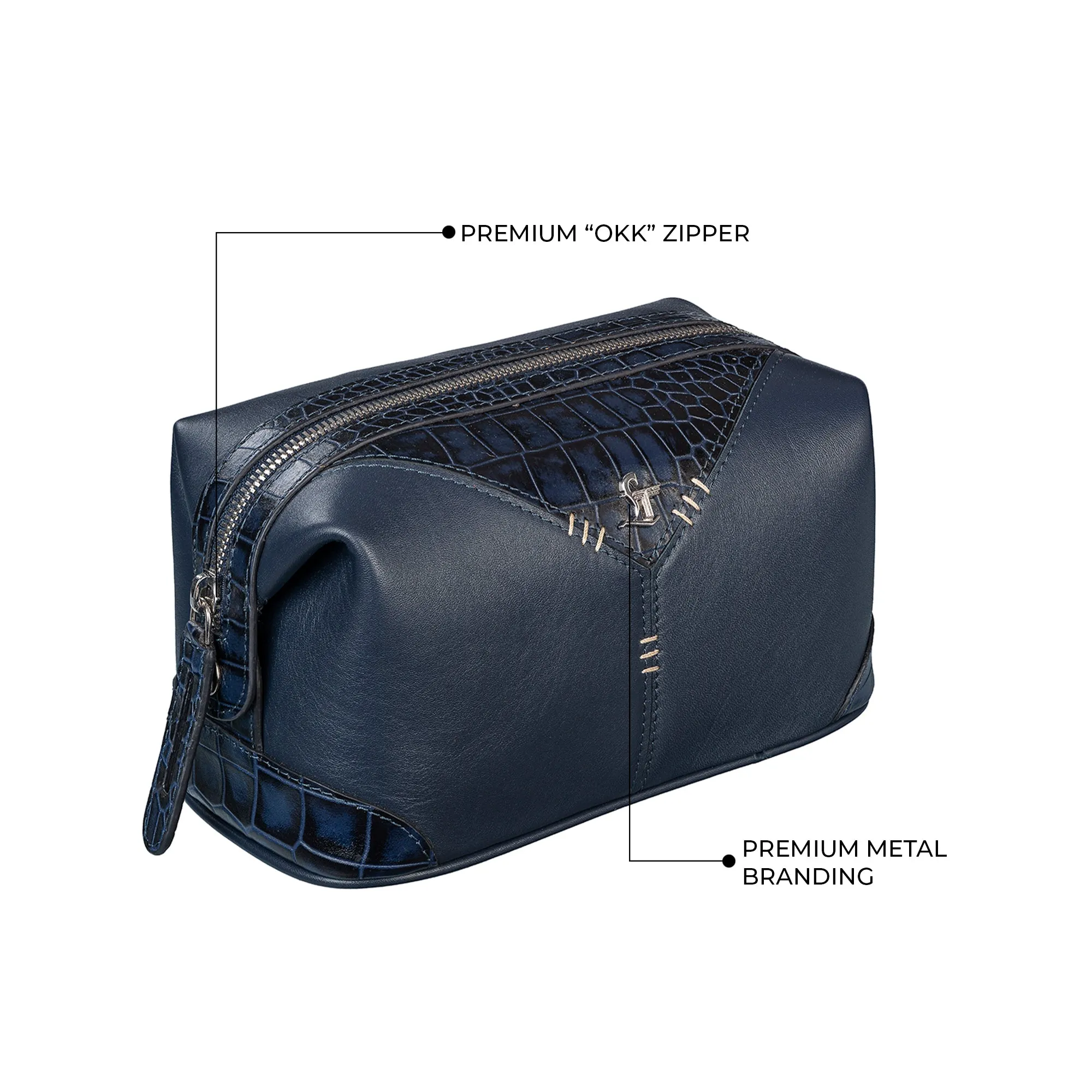 Bom Leather Toiletry / Shaving Kit Bag | For Carrying Grooming Essentials & Travel  | Color: Croco Navy Blue