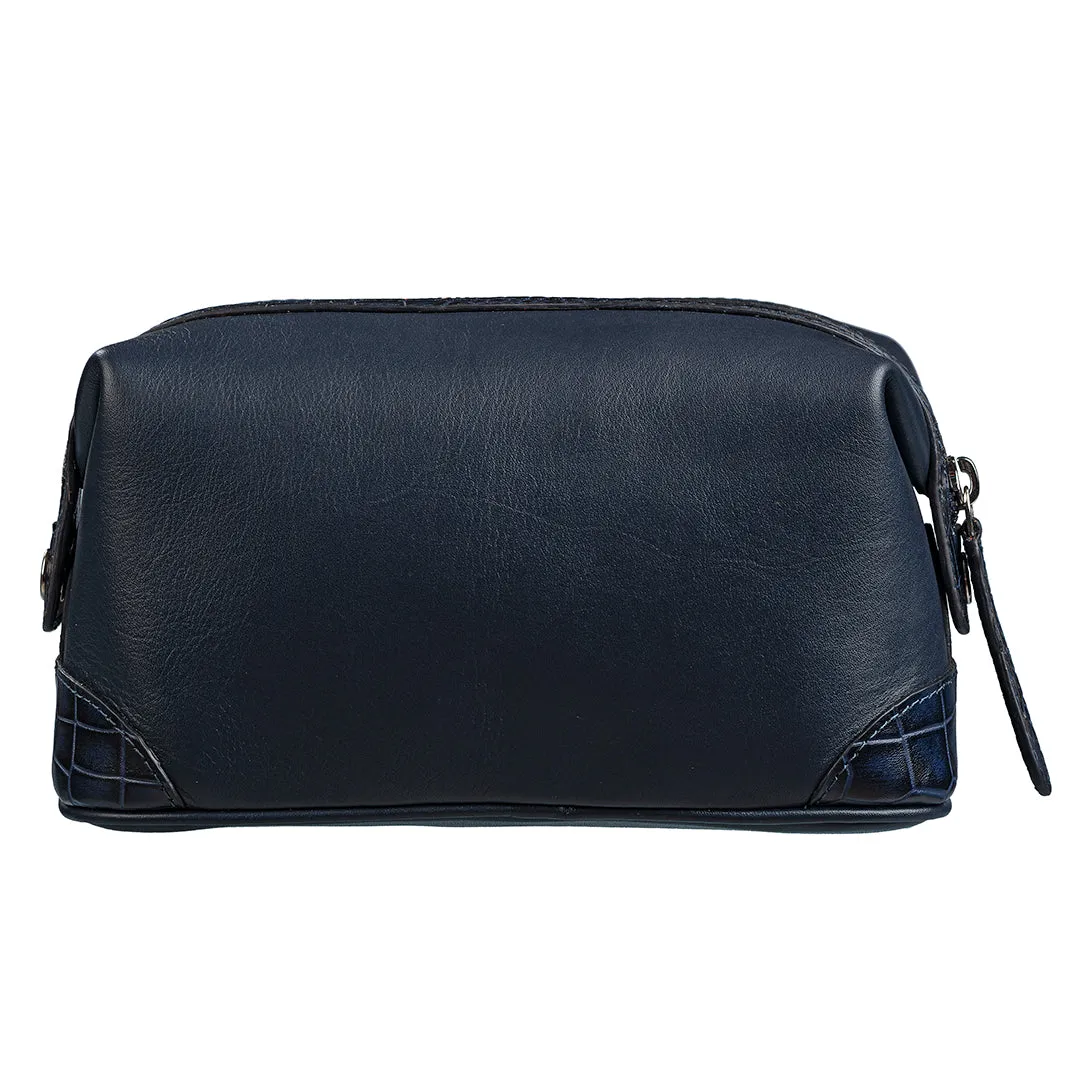 Bom Leather Toiletry / Shaving Kit Bag | For Carrying Grooming Essentials & Travel  | Color: Croco Navy Blue