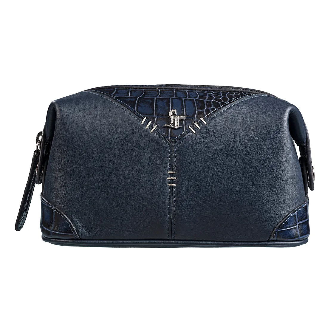 Bom Leather Toiletry / Shaving Kit Bag | For Carrying Grooming Essentials & Travel  | Color: Croco Navy Blue