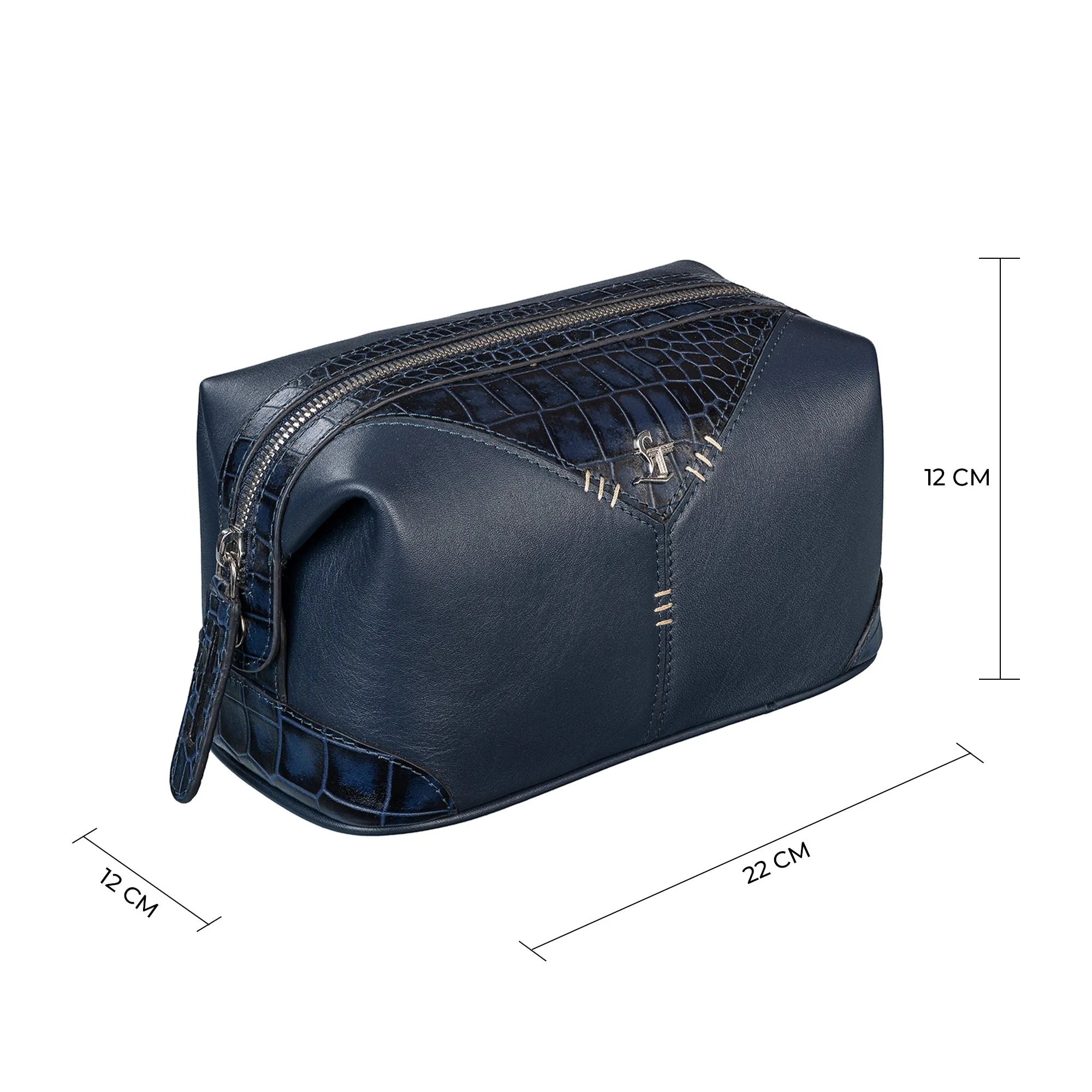 Bom Leather Toiletry / Shaving Kit Bag | For Carrying Grooming Essentials & Travel  | Color: Croco Navy Blue