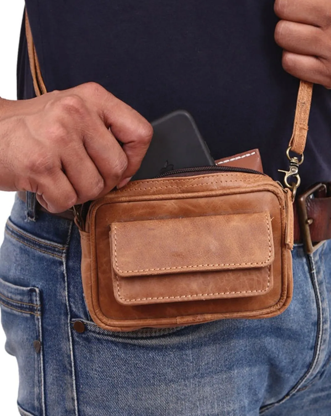 Brown Front Pocket Leather Bumbag/ Waist Bag