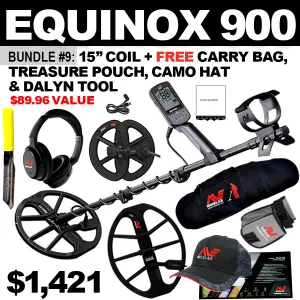 Bundle #9: Equinox 900 includes 6" DD Coil & WHP  15” Coil. FREE Carry Bag, Treasure Pouch, Camo Hat & Dalyn Digging Tool ($89.96 Value)