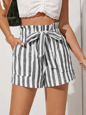 Casual Striped Paper Bag Waist High Waist Women Shorts