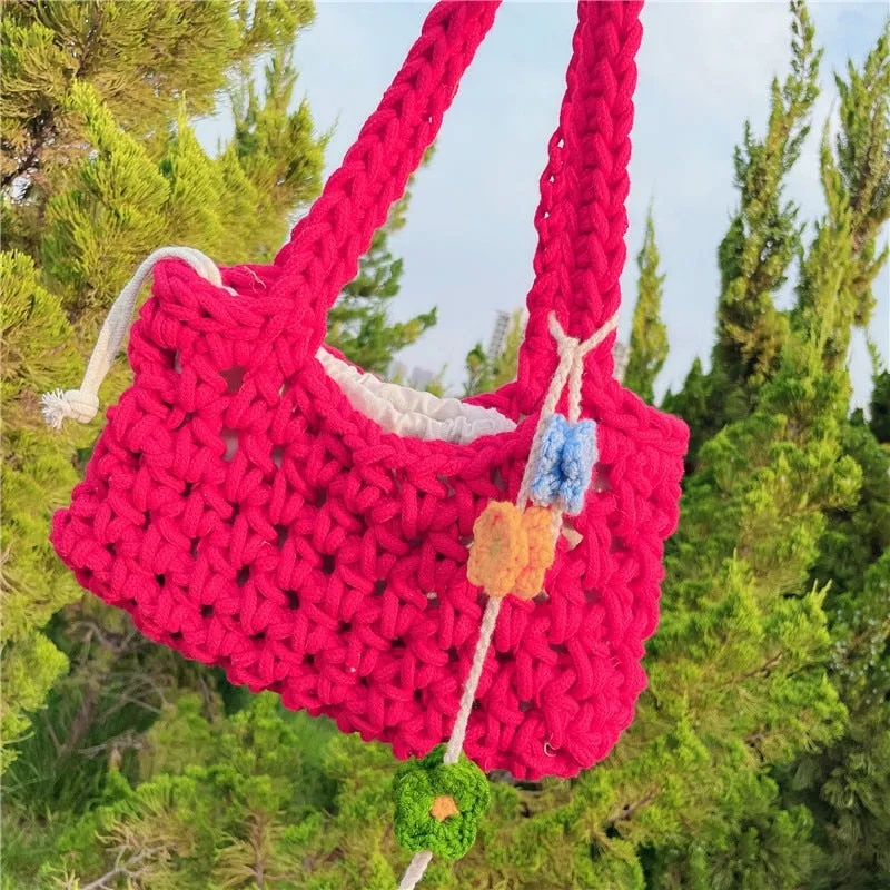 Christmas Gift Candy Hollow Woven Handbags for Women Flower Crochet Hand-woven Ladies Shoulder Bag Floral Casual Weekender Knitted Purses 2021