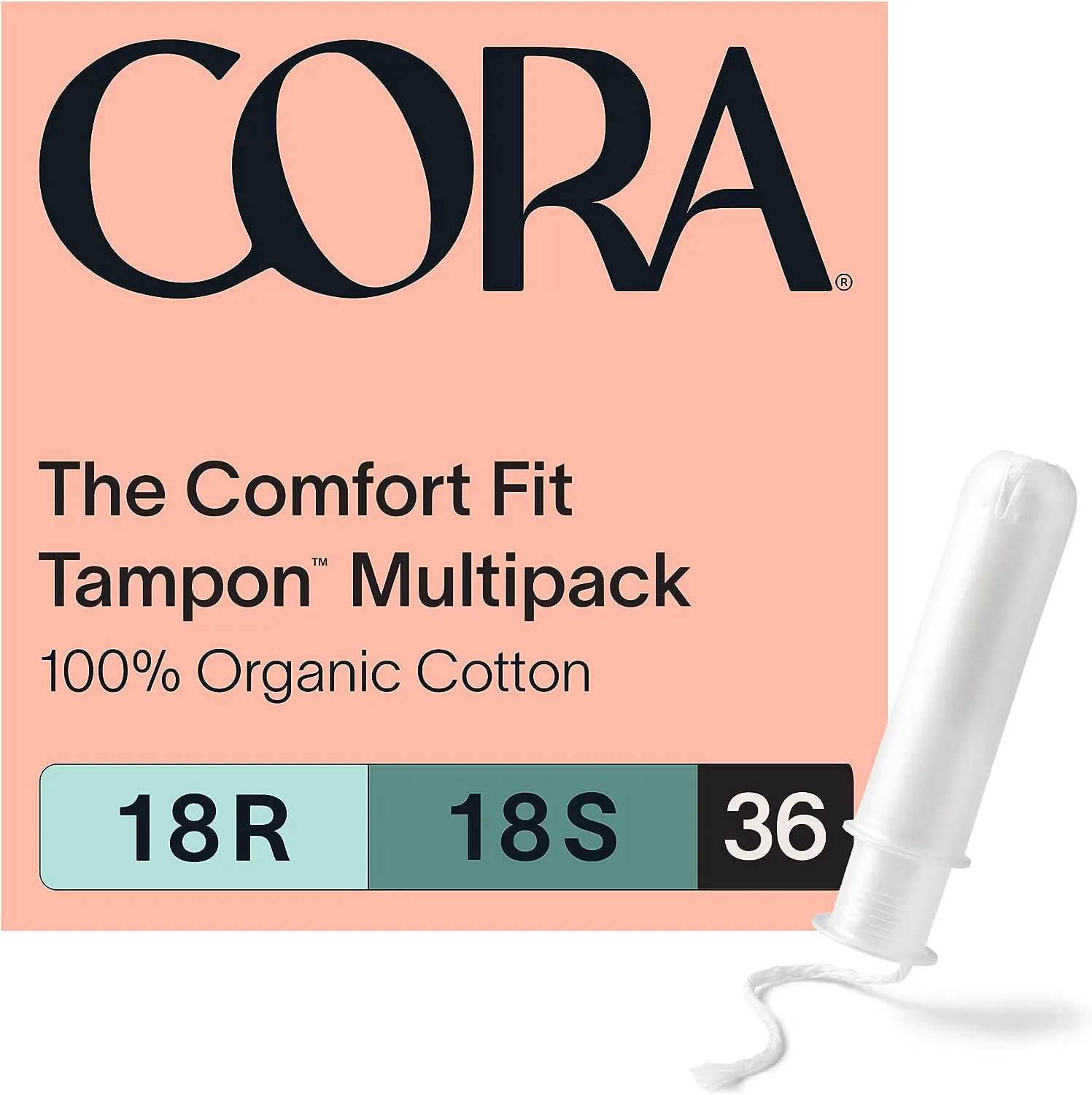 Cora Organic Applicator Tampon Multipack | 18 Regular & 18 Super Absorbency | 100% Organic Cotton, Unscented, Plant-Based Compact Applicator | Leak Protection Easy Insertion Non-Toxic