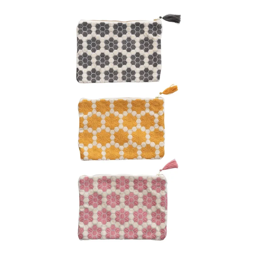 Cotton Velvet Zip Pouch with Honeycomb Pattern