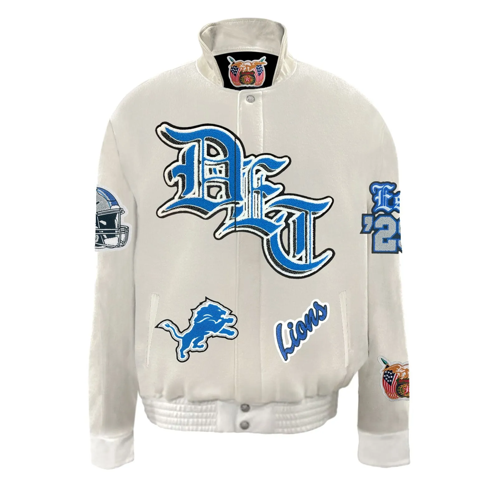 DETROIT LIONS WOOL & LEATHER VARSITY OLD ENGLISH JACKET WHITE