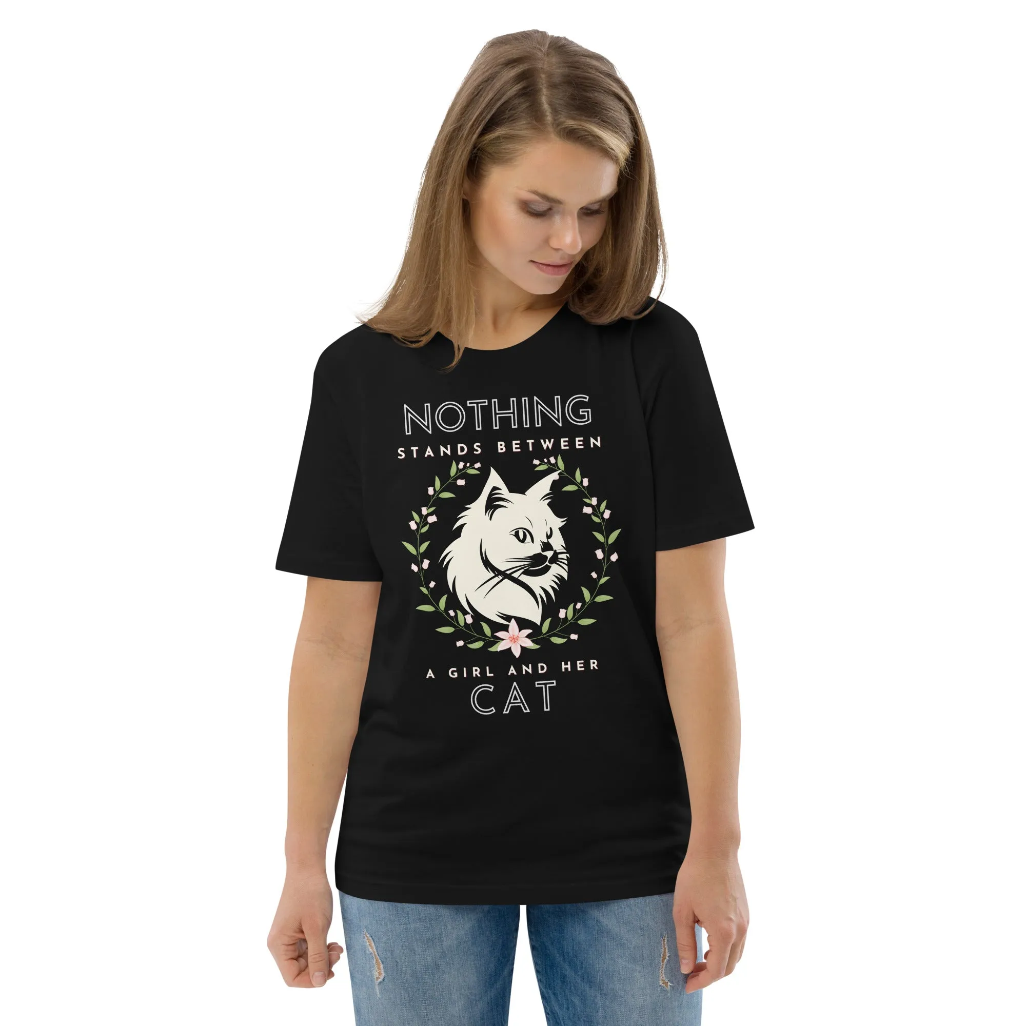 Eco-friendly t-shirt with cat print, Nothing Stands Between