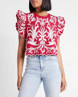 Embroidered Ruffle Sleeve Top in Gorgeous Pink