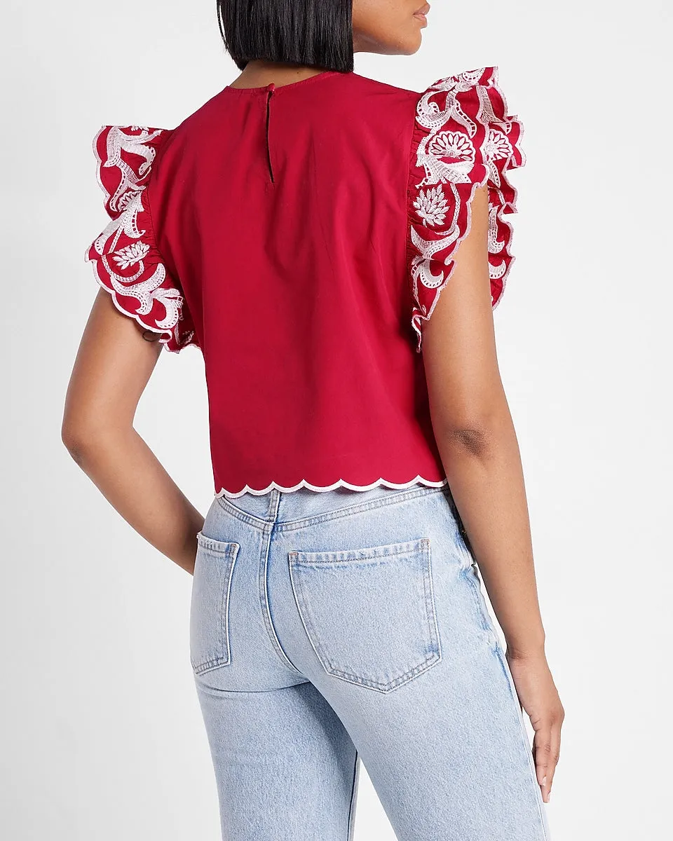 Embroidered Ruffle Sleeve Top in Gorgeous Pink