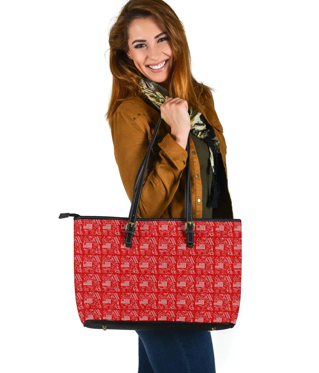 Firefighter Print Red Large PU Faux Leather Tote Bag