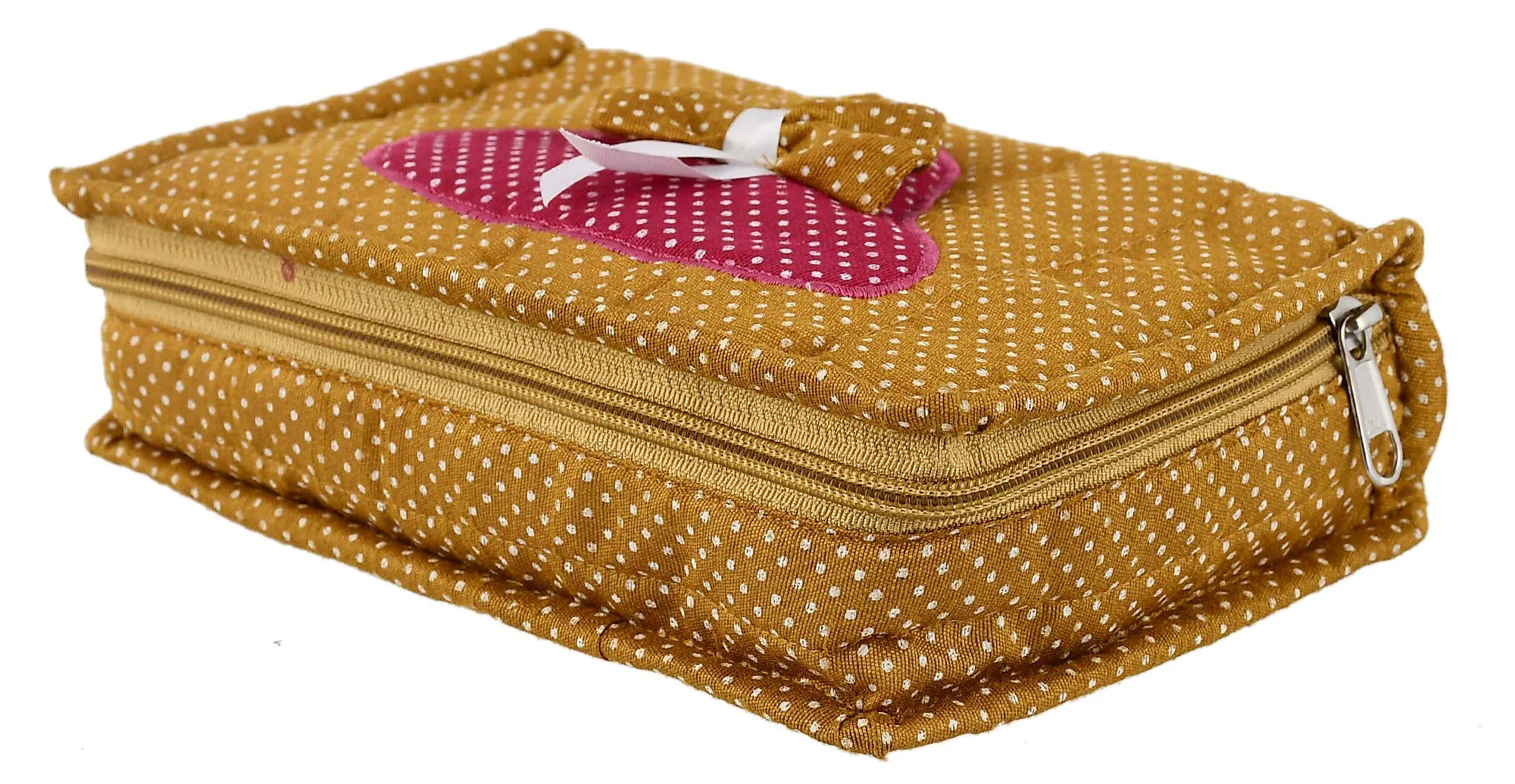 Fun Homes Cotton Multipurpose 7 Pocket Dot Printed Jewellery Storage Bag Pouch/Travel Kit Organizer (Gold)-FHUNH15439