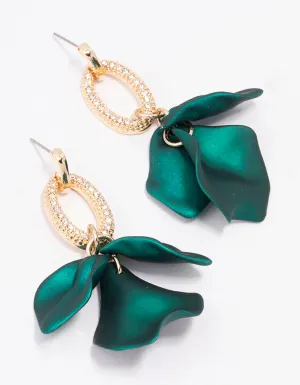 Gold & Green Petal Diamante Drop Earrings