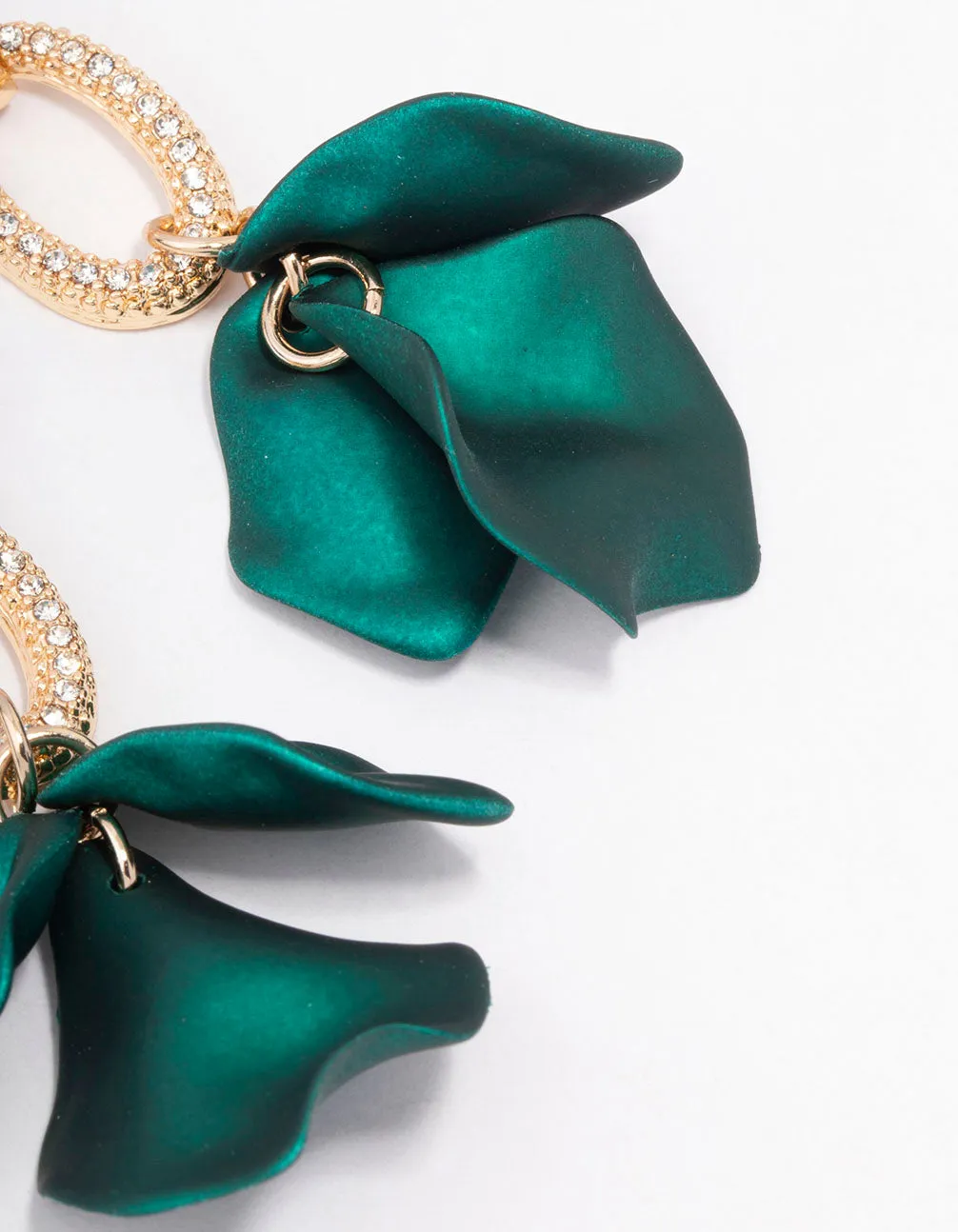 Gold & Green Petal Diamante Drop Earrings