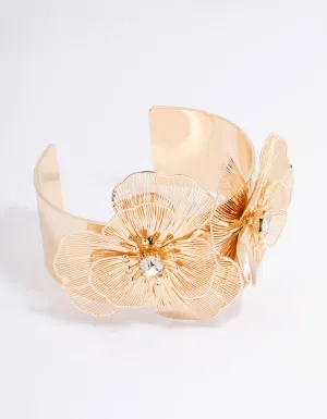 Gold Double Flower Wide Wrist Cuff