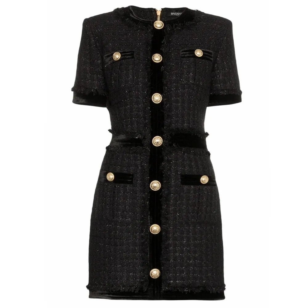 HarleyFashion Luxury Design Women Chic Stylish Short Sleeve Buttons Tweed Straight Mini Skinny Dress Tassel Patchwork Dresses