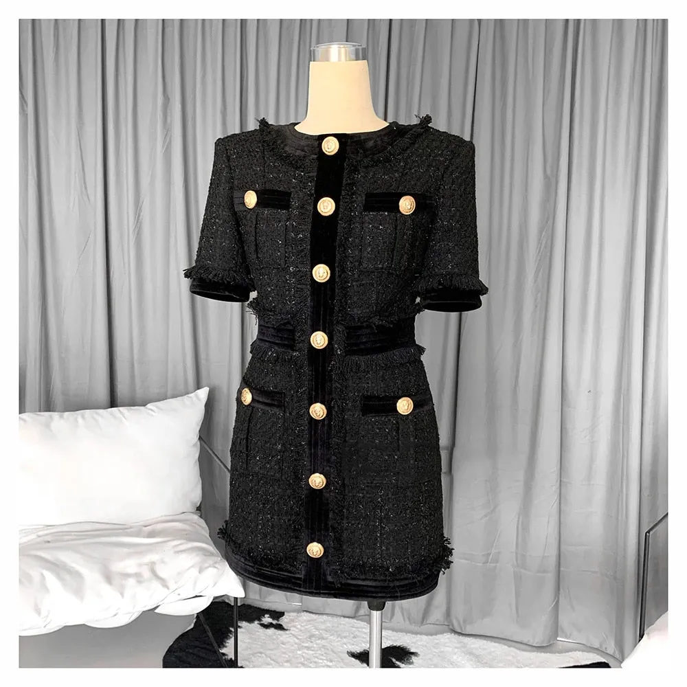 HarleyFashion Luxury Design Women Chic Stylish Short Sleeve Buttons Tweed Straight Mini Skinny Dress Tassel Patchwork Dresses