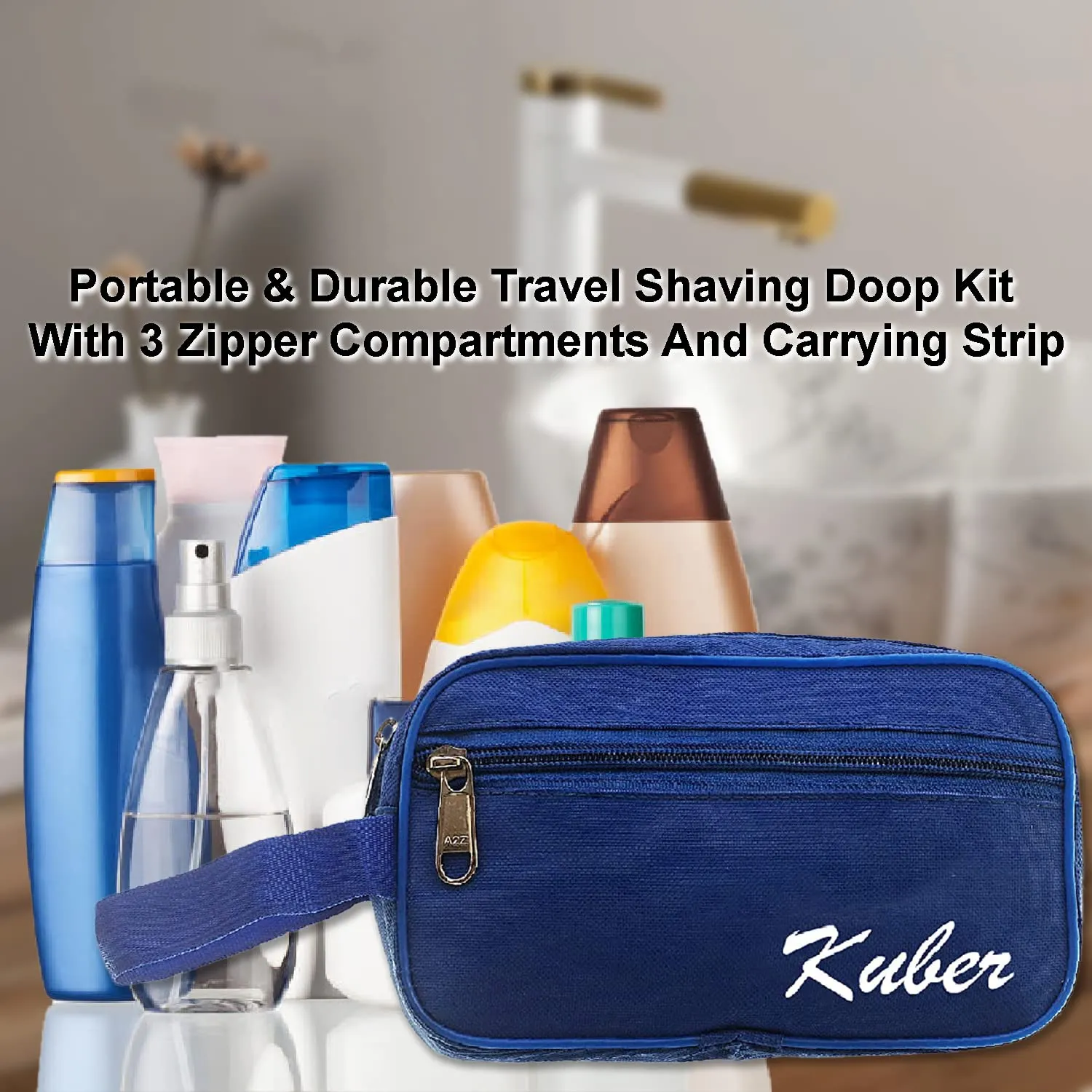 Heart Home Canvas Toiletry Organizer|Waterproof & Portable Travel Shaving Dopp Kit with 2 Main ComparMants and Front Zipper (Navy Blue)